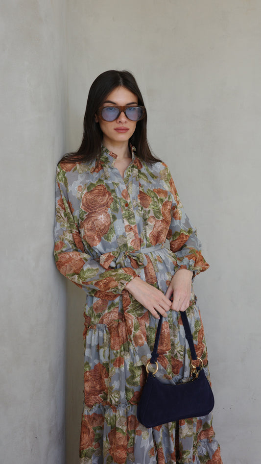 שמלת שיפון קלוש קומות פלווארס נויה | אפור/ירוק