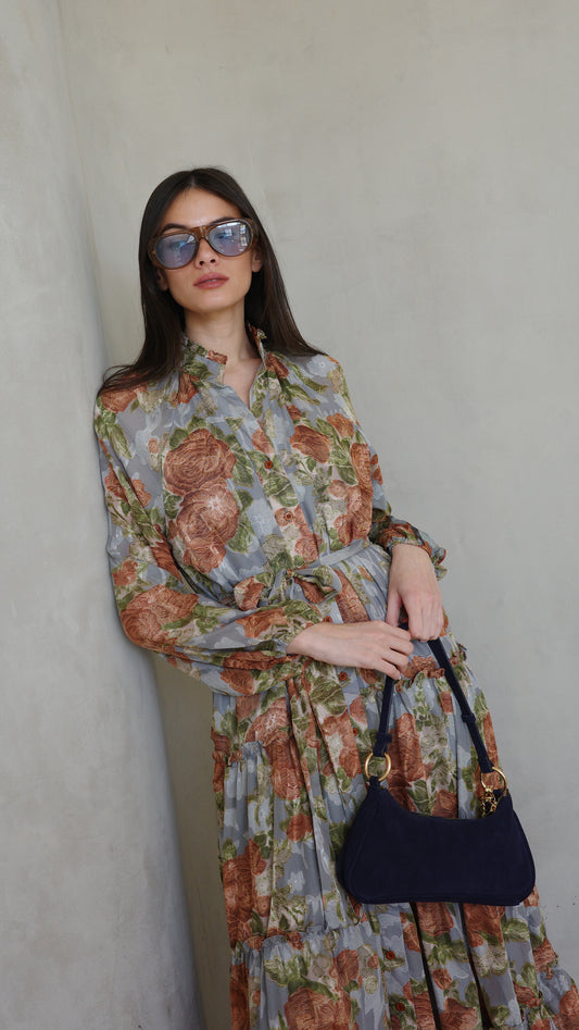 שמלת שיפון קלוש קומות פלווארס נויה | אפור/ירוק