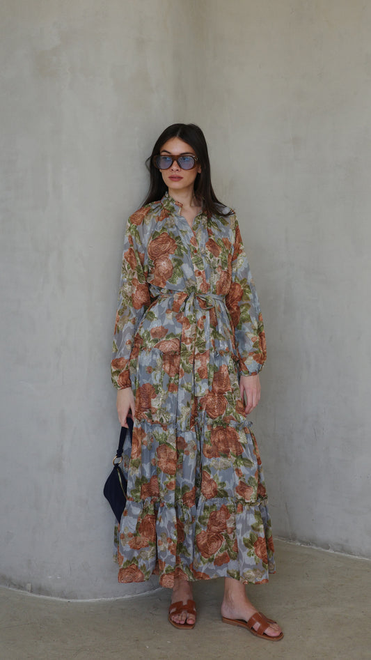 שמלת שיפון קלוש קומות פלווארס נויה | אפור/ירוק