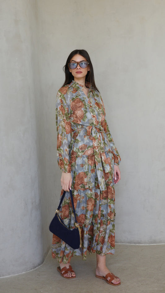 שמלת שיפון קלוש קומות פלווארס נויה | אפור/ירוק