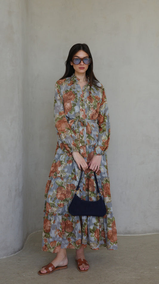 שמלת שיפון קלוש קומות פלווארס נויה | אפור/ירוק