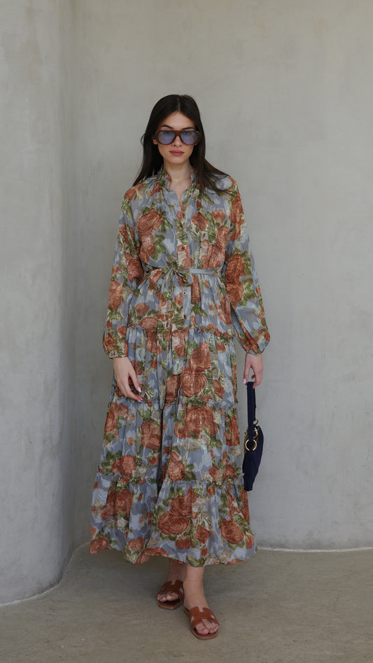 שמלת שיפון קלוש קומות פלווארס נויה | אפור/ירוק