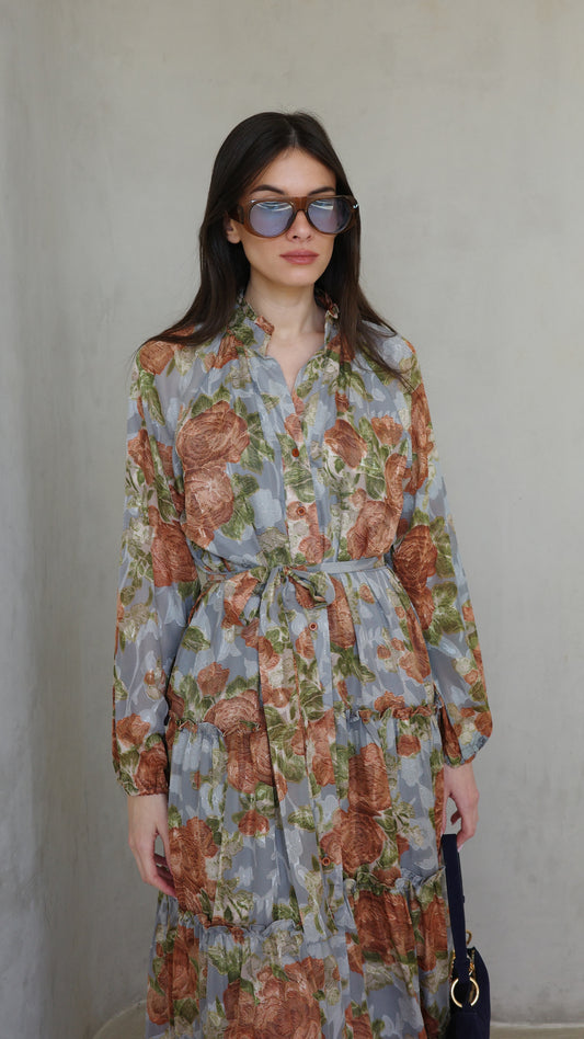 שמלת שיפון קלוש קומות פלווארס נויה | אפור/ירוק