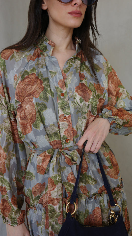 שמלת שיפון קלוש קומות פלווארס נויה | אפור/ירוק