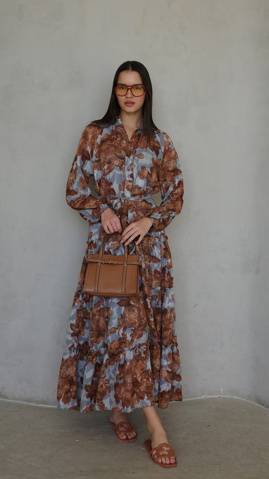 שמלת שיפון קלוש קומות פלווארס נויה | אפור/חום