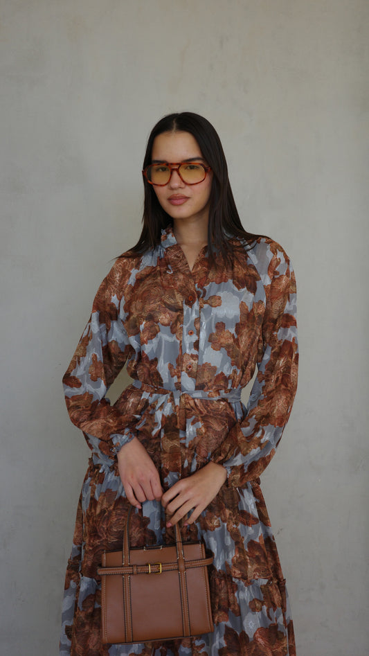 שמלת שיפון קלוש קומות פלווארס נויה | אפור/חום