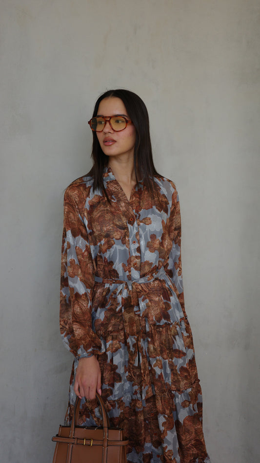 שמלת שיפון קלוש קומות פלווארס נויה | אפור/חום