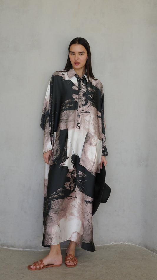 שמלת מקסי אוברסייז עטלף הילטון | שחור/בז