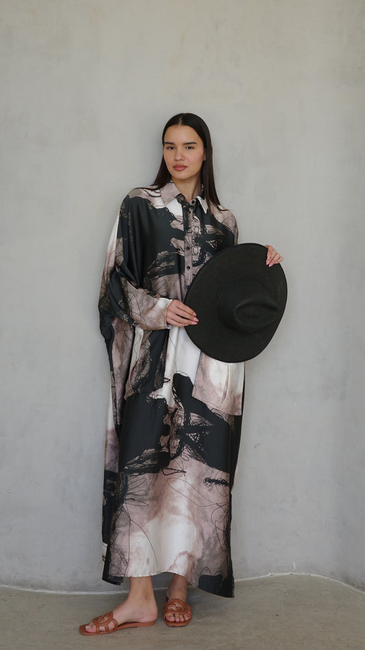 שמלת מקסי אוברסייז עטלף הילטון | שחור/בז