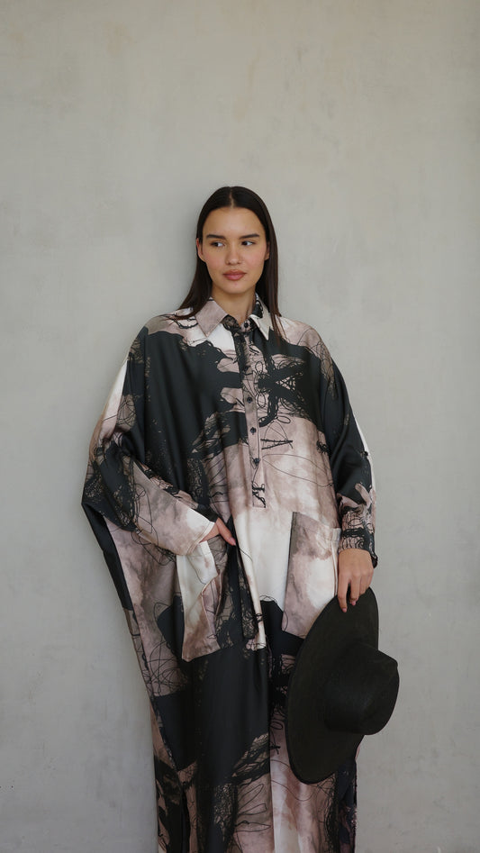 שמלת מקסי אוברסייז עטלף הילטון | שחור/בז