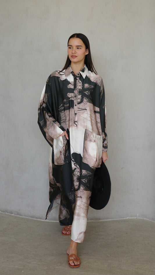 שמלת מקסי אוברסייז עטלף הילטון | שחור/בז