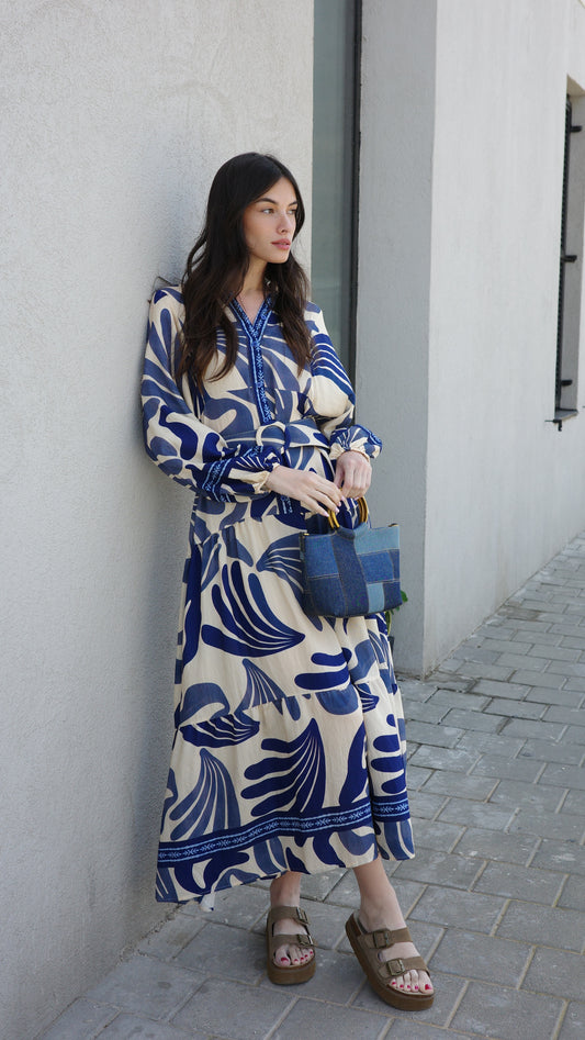 גלביה קומות כפתורים חגורה דניאלה | שמנת/כחול