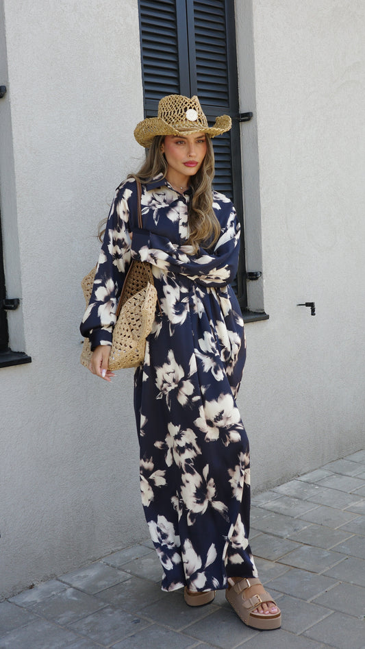 שמלת מקסי גלביה קלאסי פרח | כחול