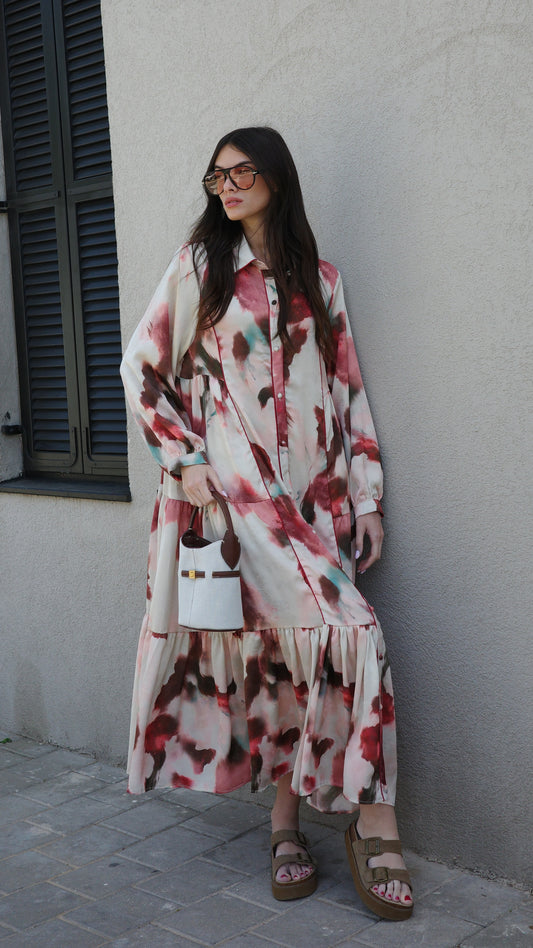 שמלת קלוש כפתורים טקסטורה אשלי | שמנת/ורוד