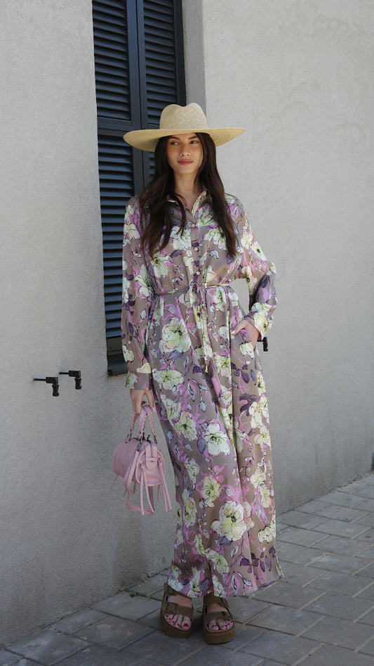 שמלת מקסי גלביה קלאסי פרח | בז/ורוד