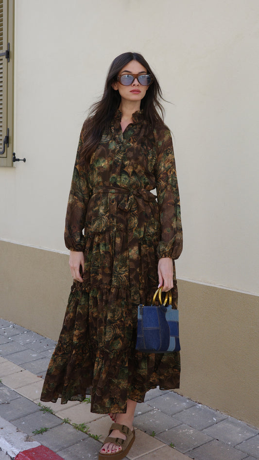 שמלת שיפון קלוש קומות פלווארס נויה | חום/ירוק