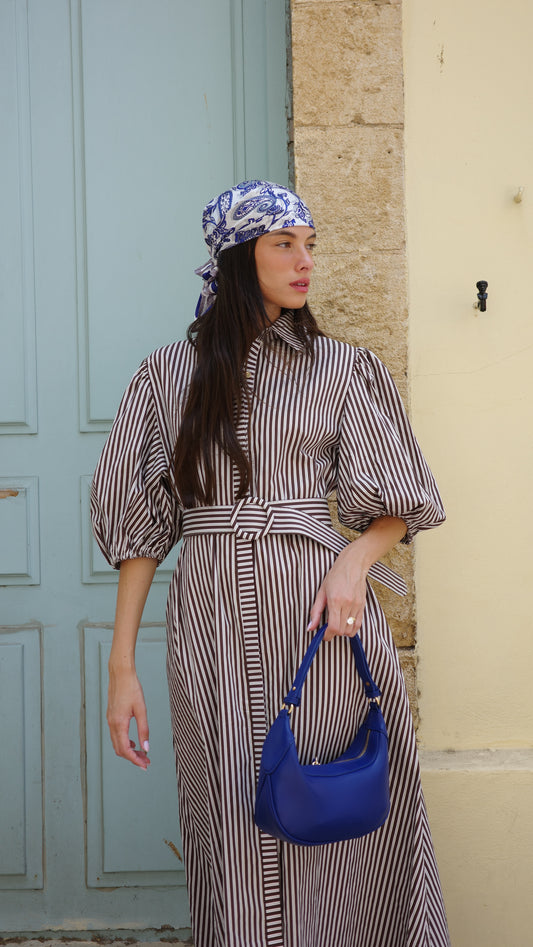 שמלת מידי שרוול בלון פסים מרגו | חום/שמנת
