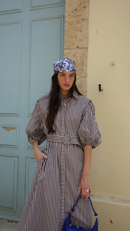 שמלת מידי שרוול בלון פסים מרגו | חום/שמנת