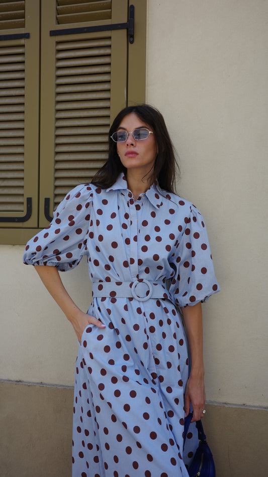 שמלת מידי שרוול בלון דוט מרגו | תכלת/חום