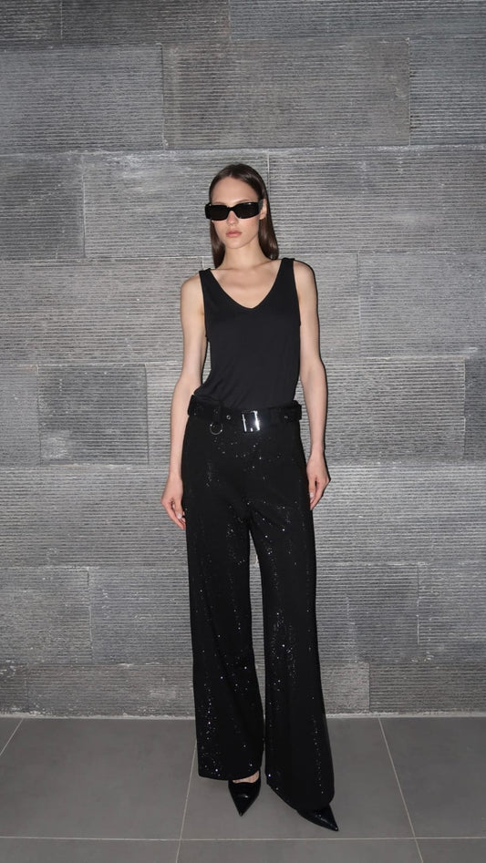 מכנס חגורה משולב ניטים | שחור