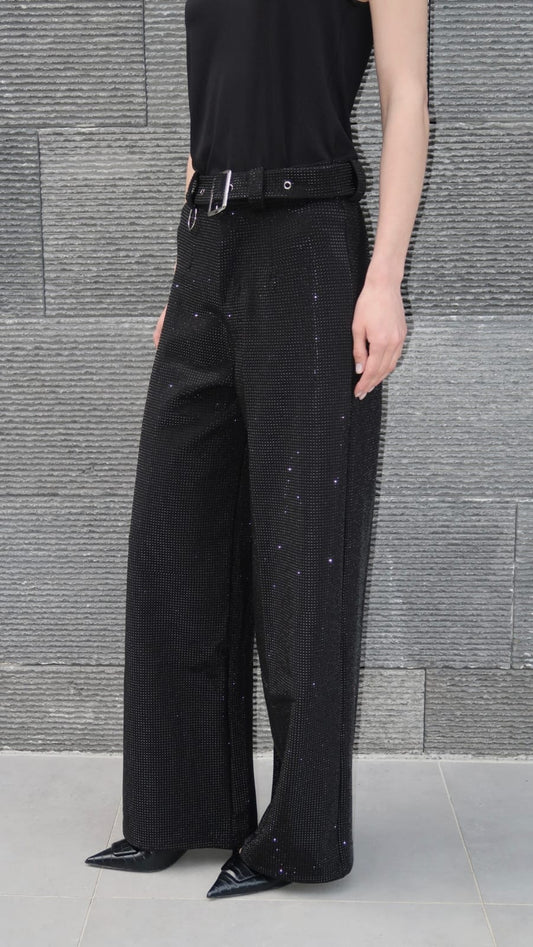 מכנס חגורה משולב ניטים | שחור