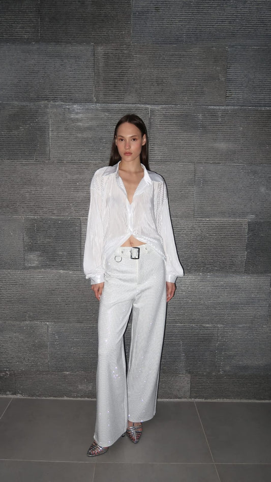 מכנס חגורה משולב ניטים | לבן