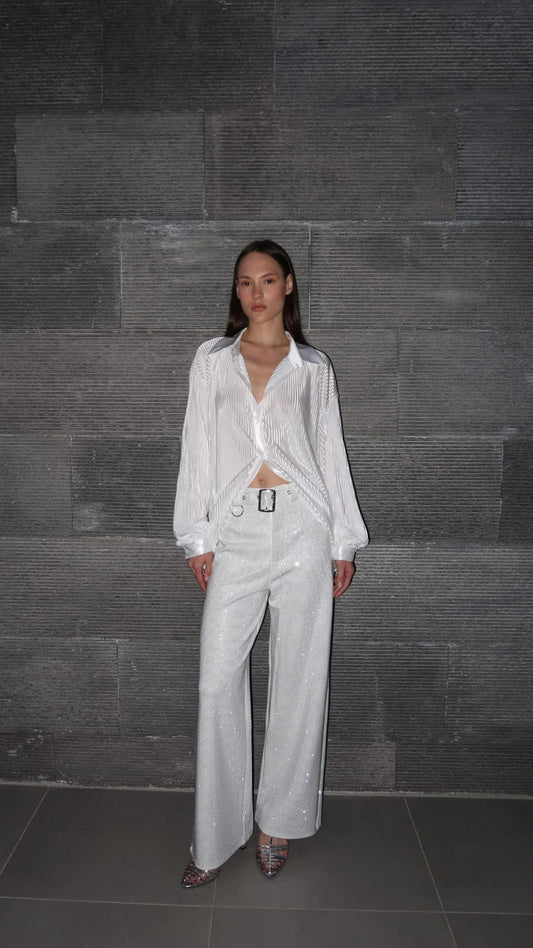 מכנס חגורה משולב ניטים | לבן