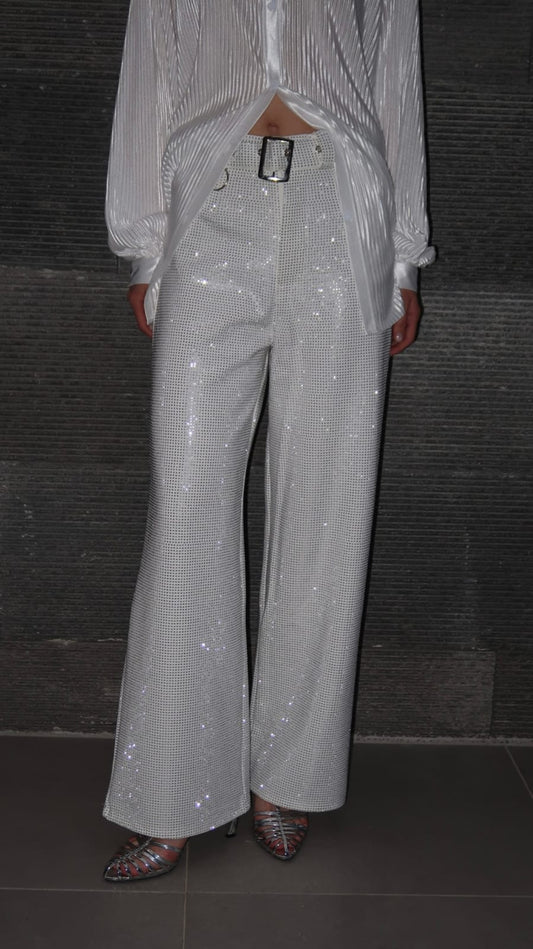 מכנס חגורה משולב ניטים | לבן