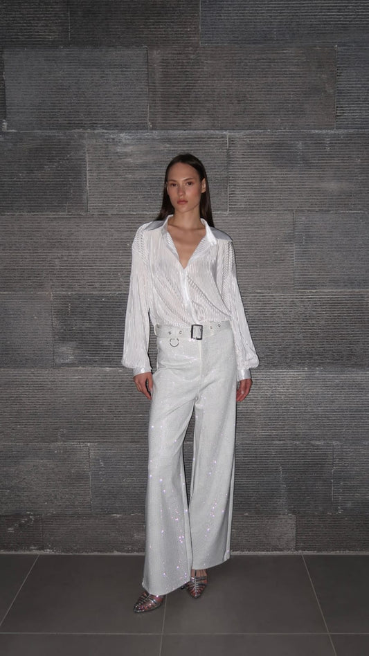 מכנס חגורה משולב ניטים | לבן