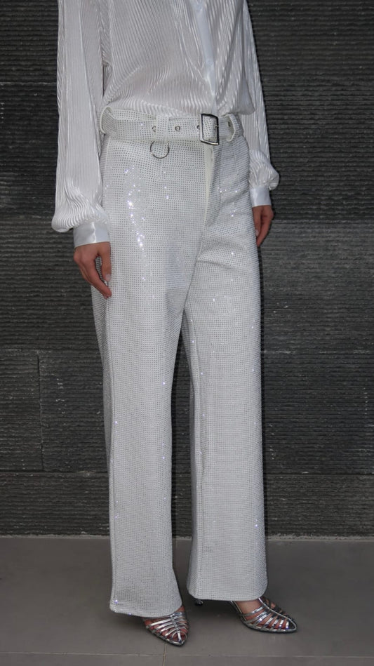מכנס חגורה משולב ניטים | לבן