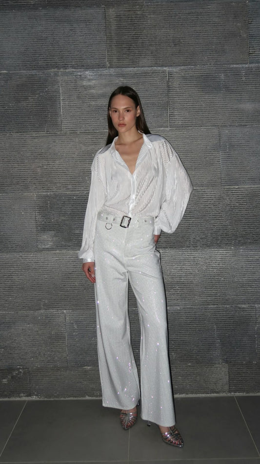 מכנס חגורה משולב ניטים | לבן