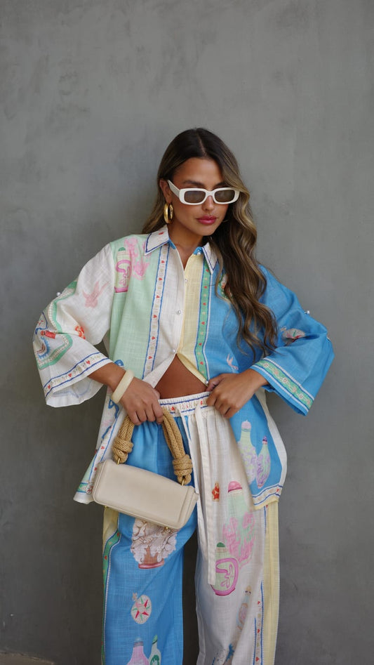 חליפת מכנס מנילה | בז/תכלת