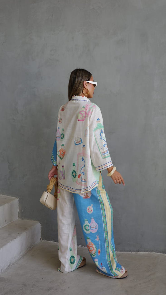 חליפת מכנס מנילה | בז/תכלת