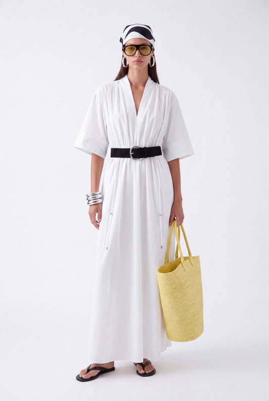 AURELIA CINCHED MIDI DRESS - לבן