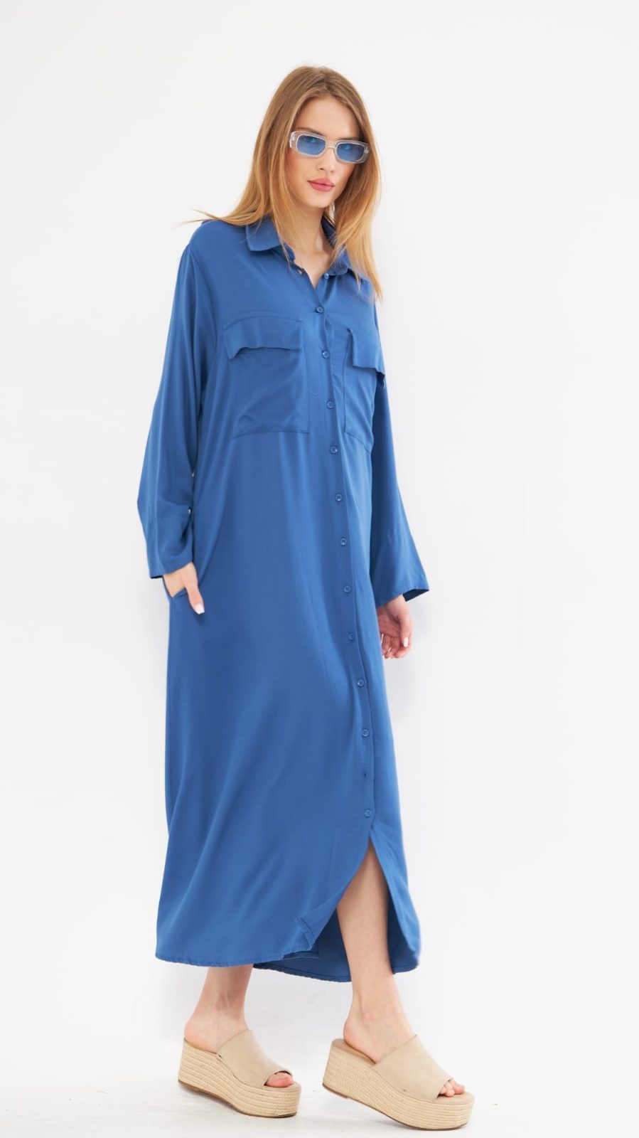 שמלת גלביה כיסים קלאסי פיור | כחול